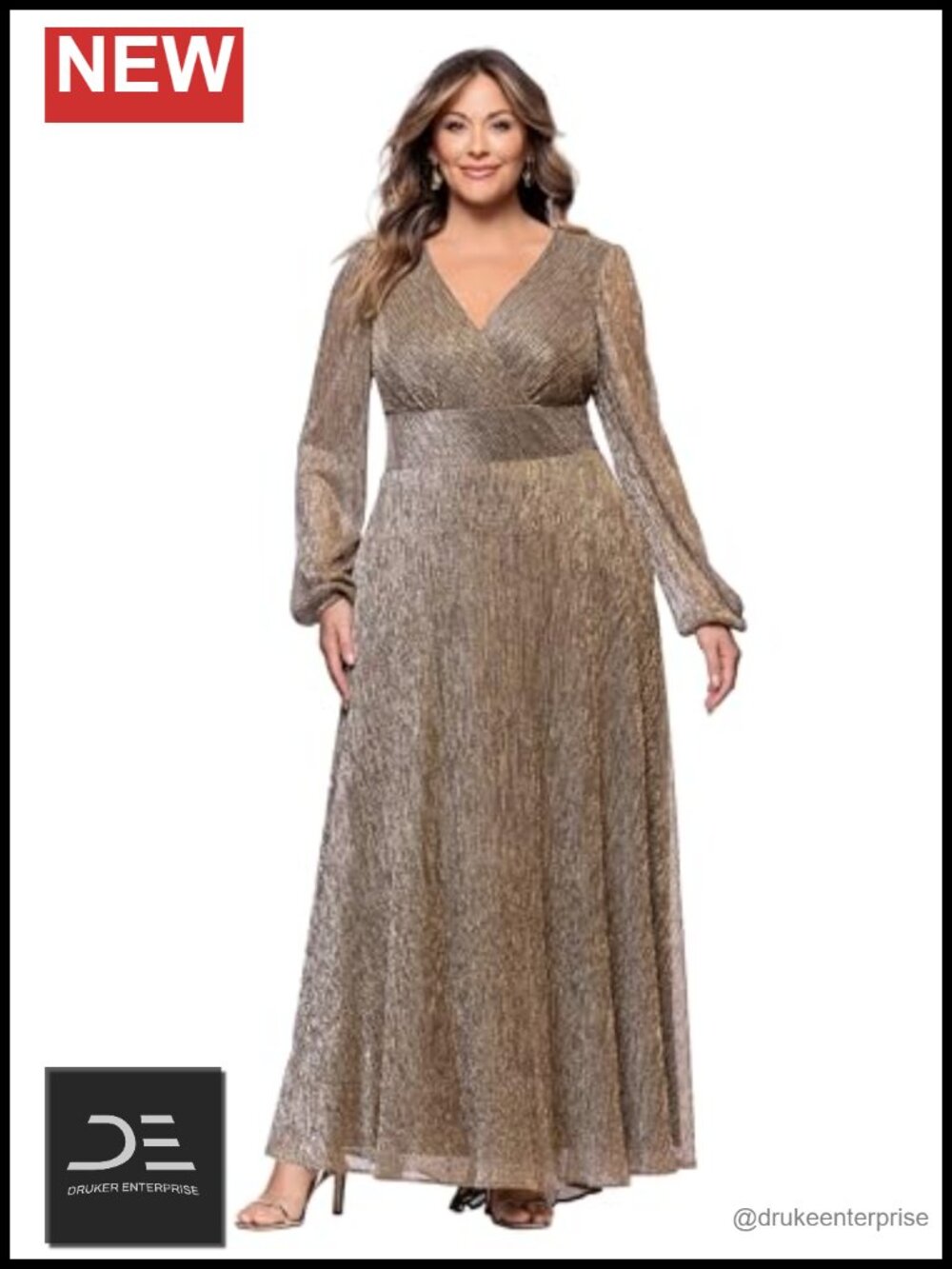 Women's Floor Length Long Sleeve V-Neck Metallic Evening Gown Empire Waist
